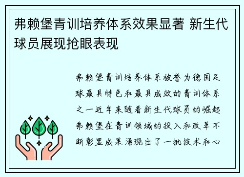 弗赖堡青训培养体系效果显著 新生代球员展现抢眼表现