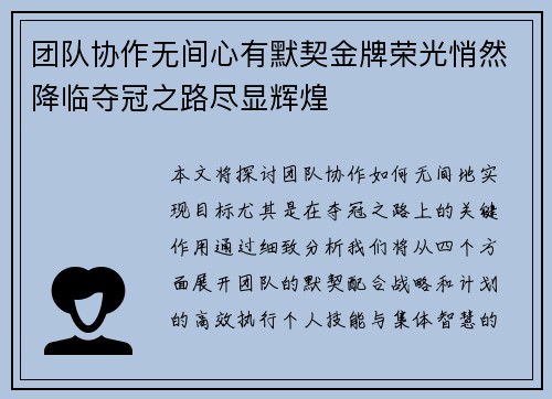 团队协作无间心有默契金牌荣光悄然降临夺冠之路尽显辉煌