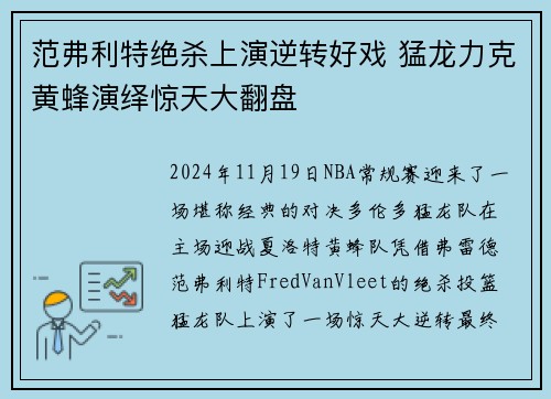 范弗利特绝杀上演逆转好戏 猛龙力克黄蜂演绎惊天大翻盘