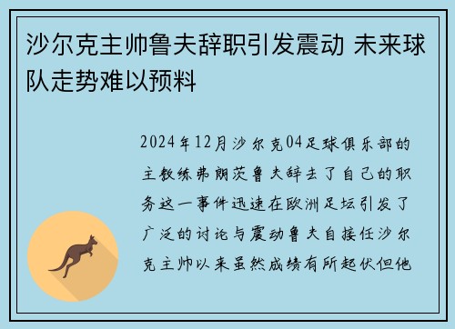 沙尔克主帅鲁夫辞职引发震动 未来球队走势难以预料