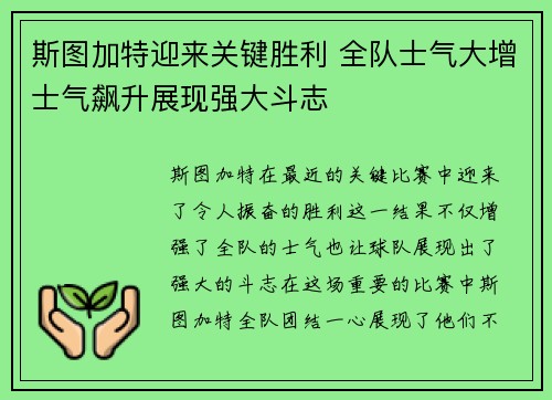 斯图加特迎来关键胜利 全队士气大增士气飙升展现强大斗志