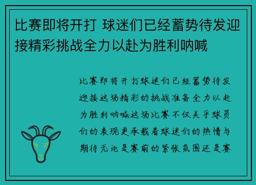 比赛即将开打 球迷们已经蓄势待发迎接精彩挑战全力以赴为胜利呐喊