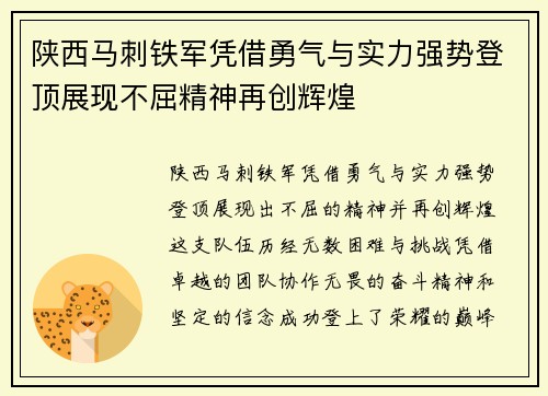陕西马刺铁军凭借勇气与实力强势登顶展现不屈精神再创辉煌