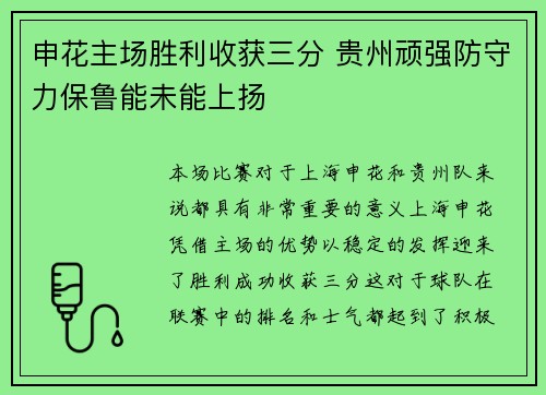 申花主场胜利收获三分 贵州顽强防守力保鲁能未能上扬